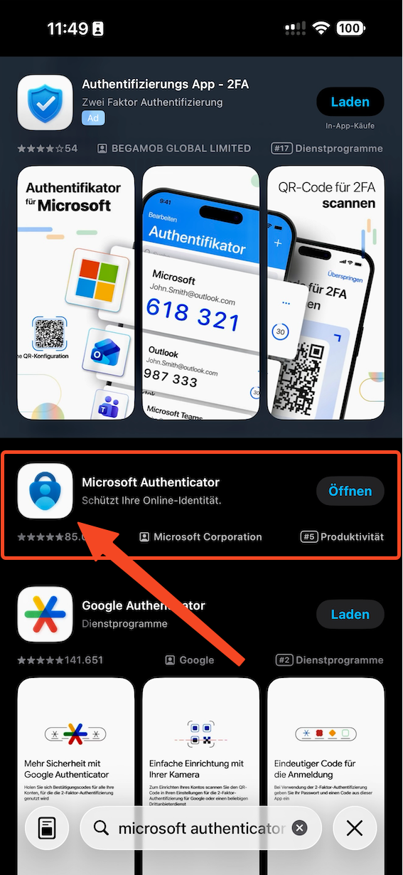 Microsoft Authenticator im App Store